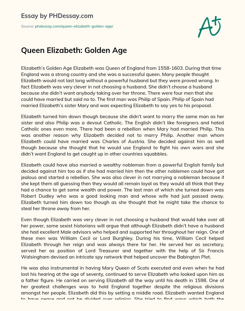 Queen Elizabeth: Golden Age essay
