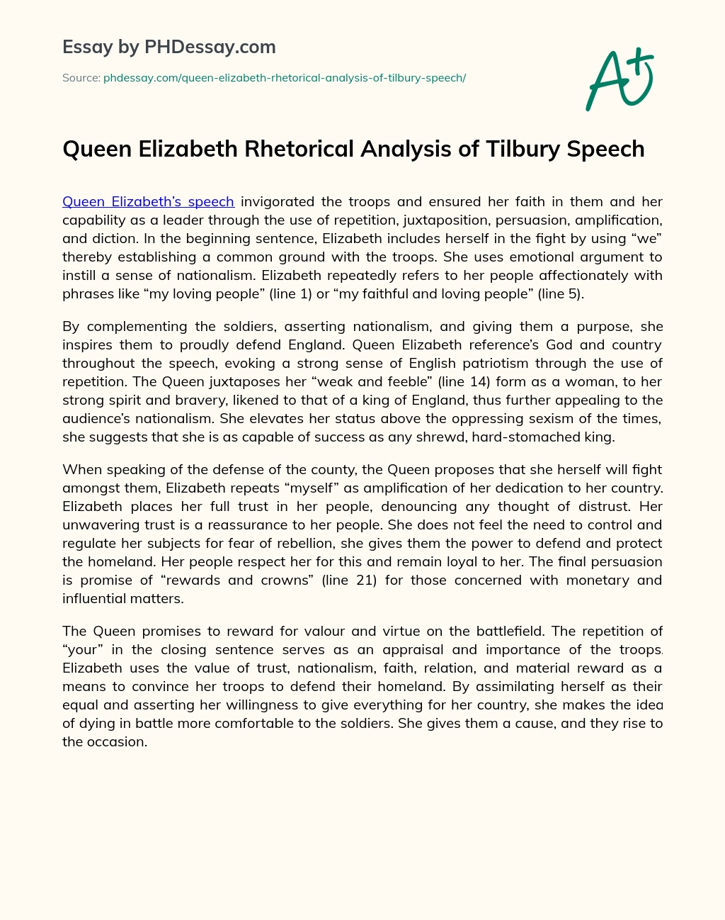 Queen Elizabeth Rhetorical Analysis of Tilbury Speech essay