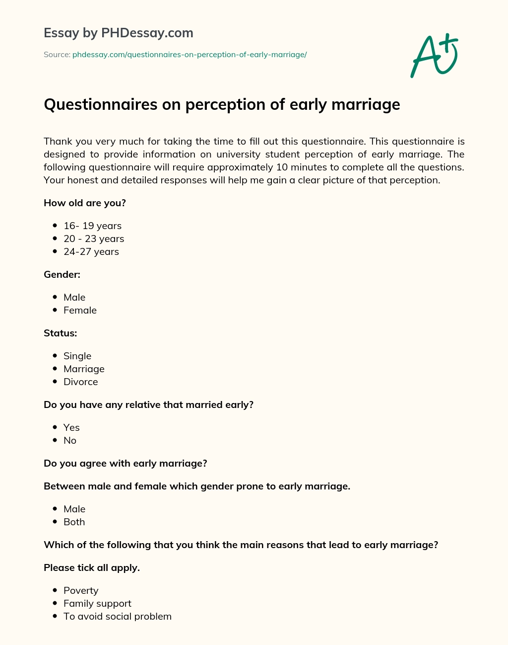 Questionnaires on perception of early marriage essay