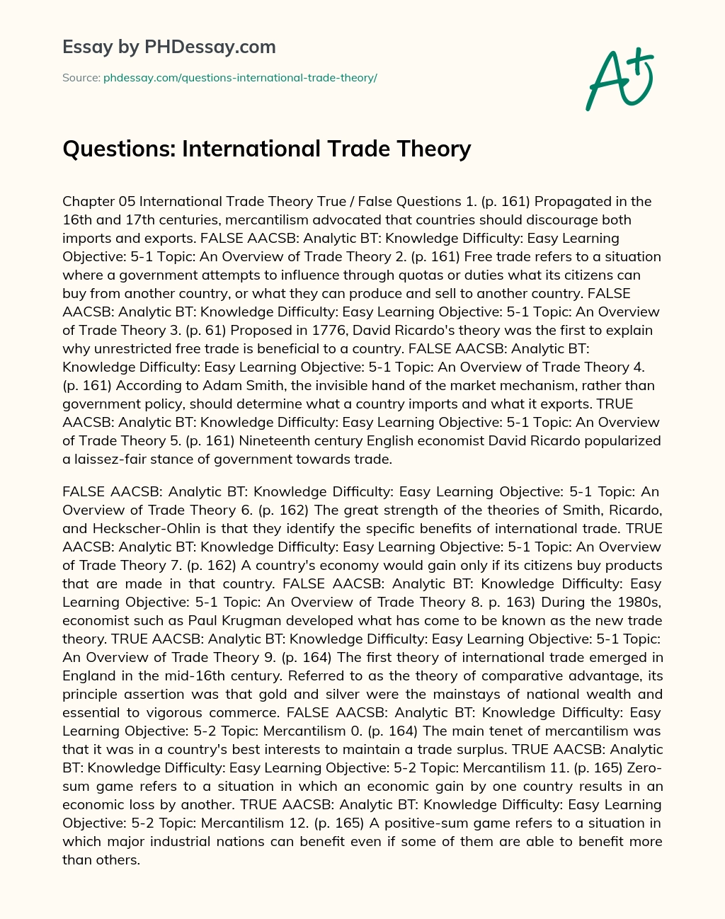 Questions: International Trade Theory essay