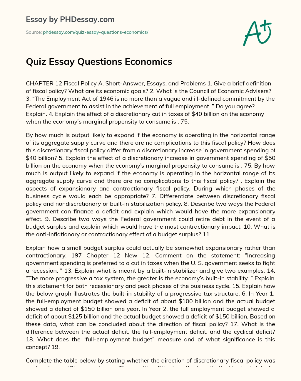 Quiz Essay Questions Economics essay