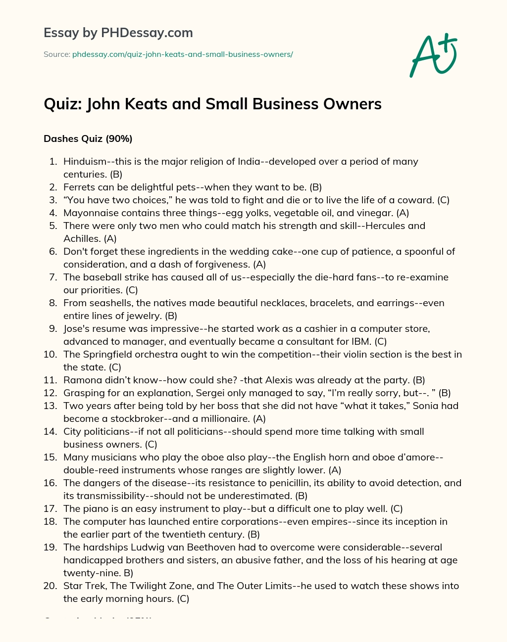 Quiz: John Keats and Small Business Owners essay