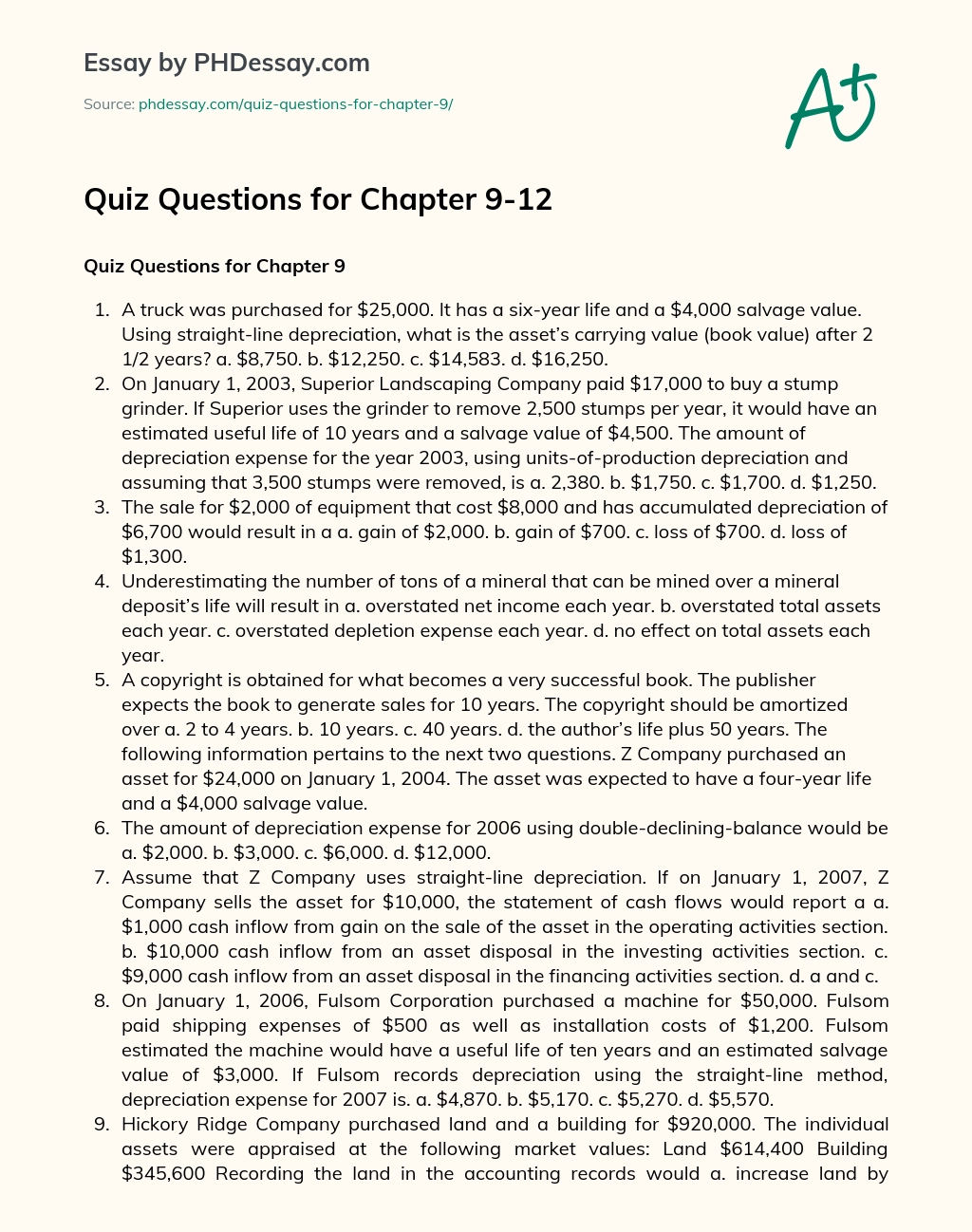 Quiz Questions for Chapter 9-12 essay
