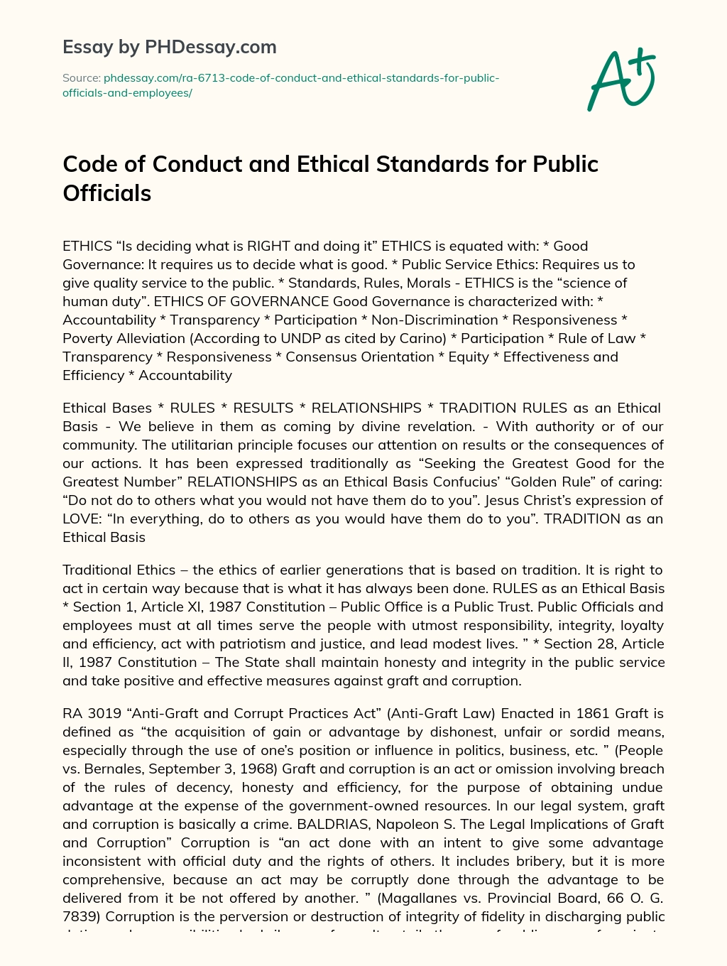 Code of Conduct and Ethical Standards for Public Officials essay