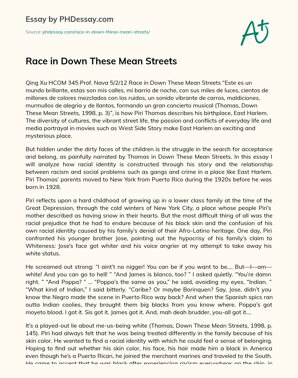 Race in Down These Mean Streets essay