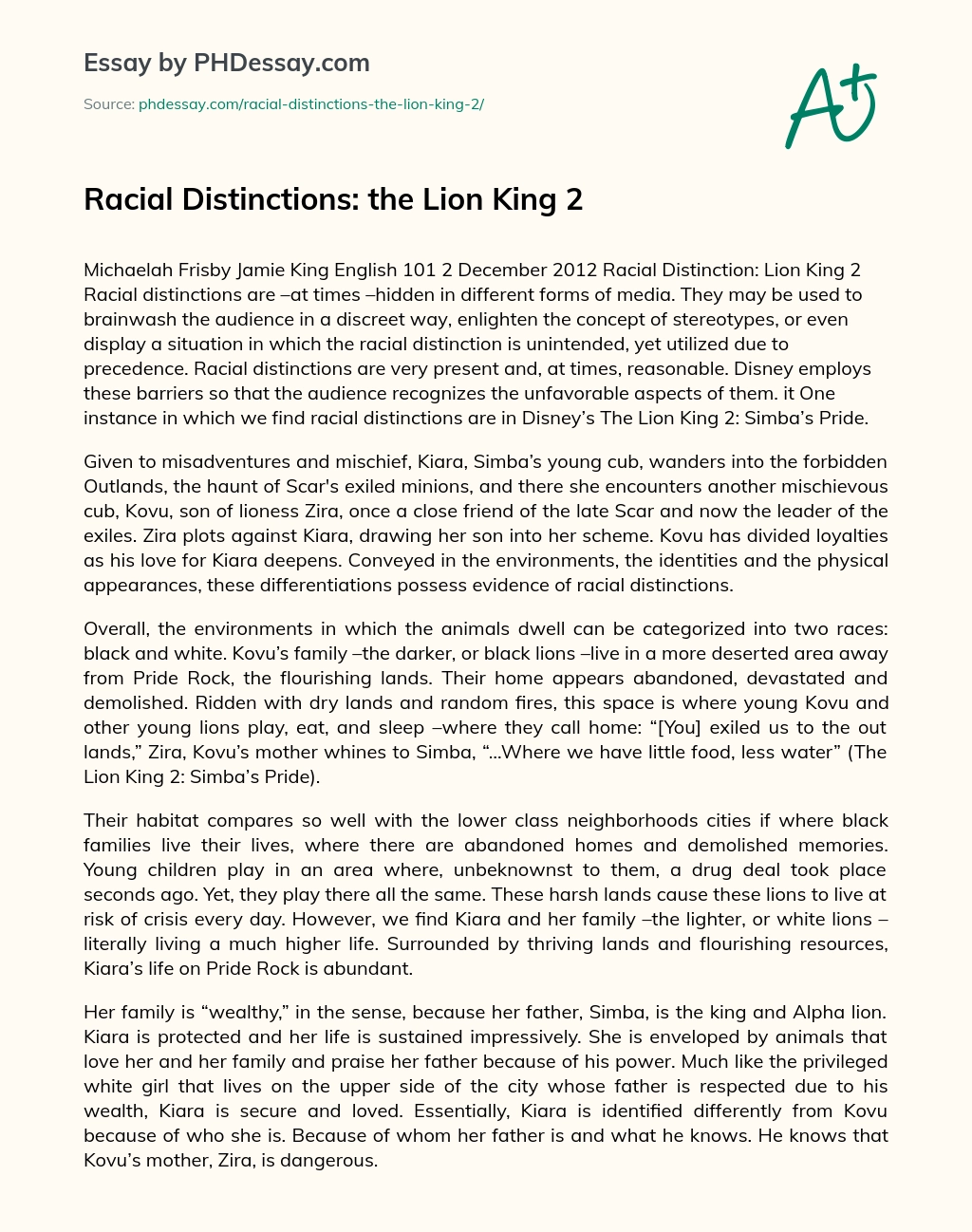 Racial Distinctions: the Lion King 2 essay