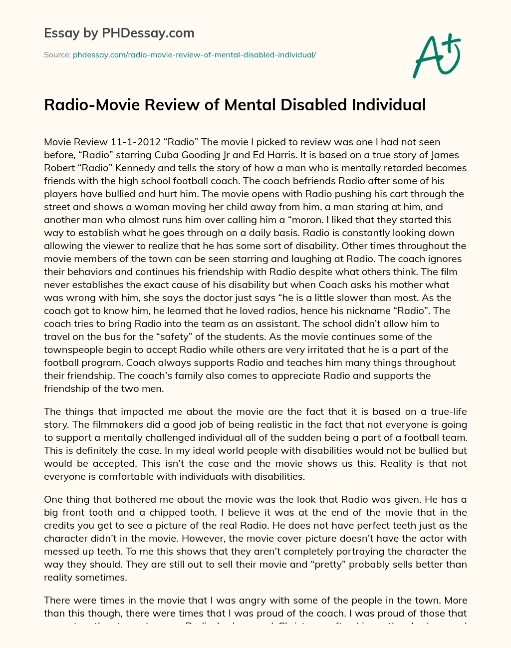 Radio-Movie Review of Mental Disabled Individual essay