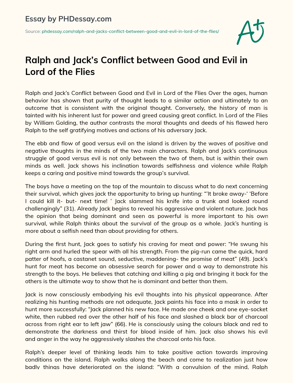 Ralph and Jack’s Conflict between Good and Evil in Lord of the Flies essay