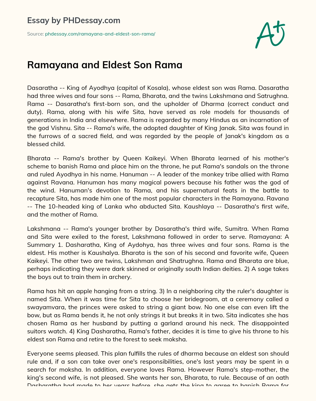 Ramayana and Eldest Son Rama essay