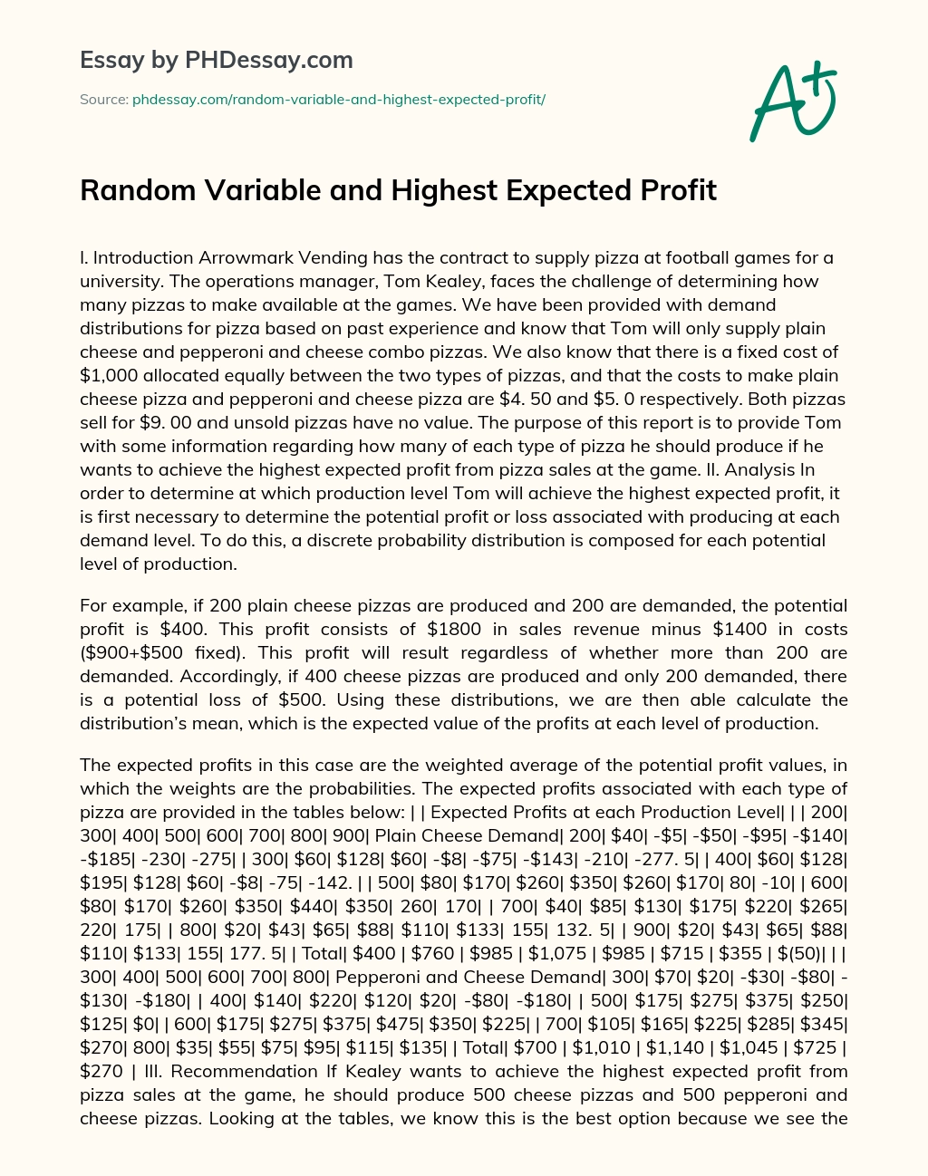 Random Variable and Highest Expected Profit essay