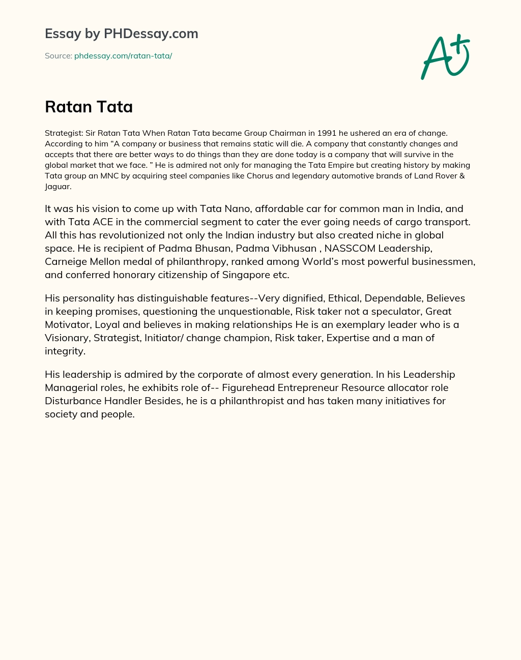 Strategist: Sir Ratan Tata – A Visionary Leader of the Tata Empire essay