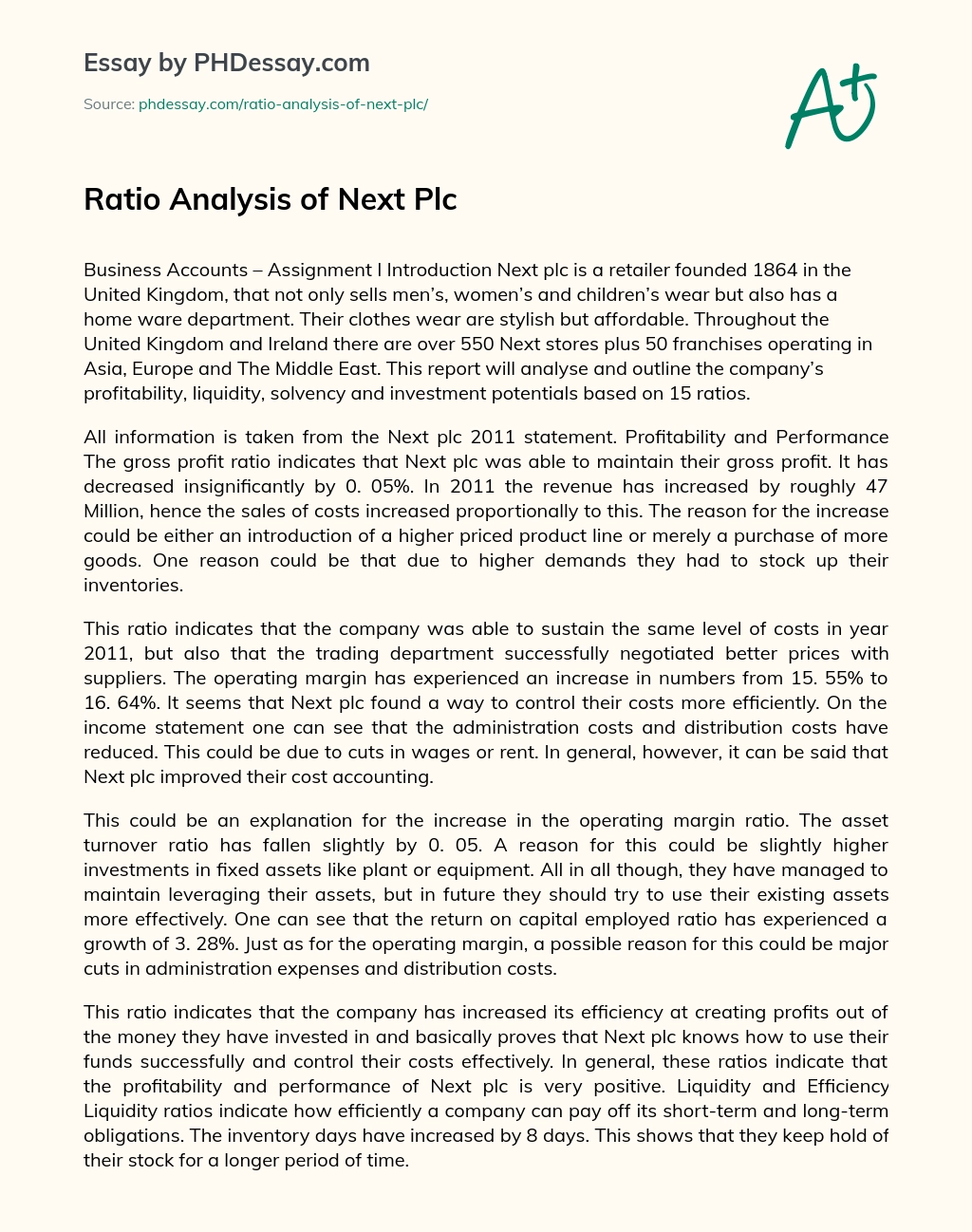 Ratio Analysis of Next Plc essay
