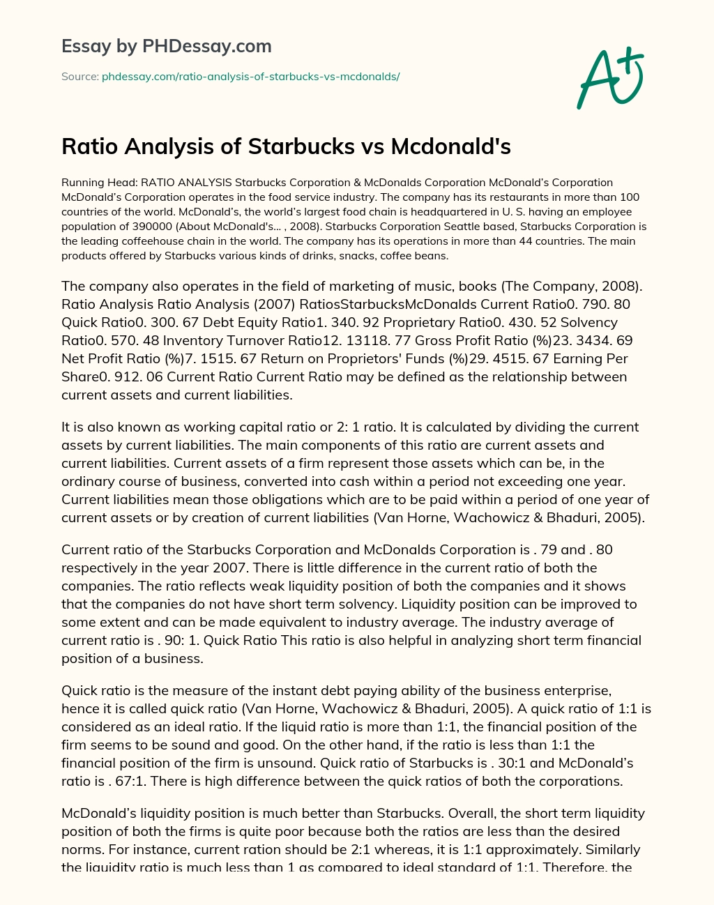 Ratio Analysis of Starbucks vs Mcdonald’s essay
