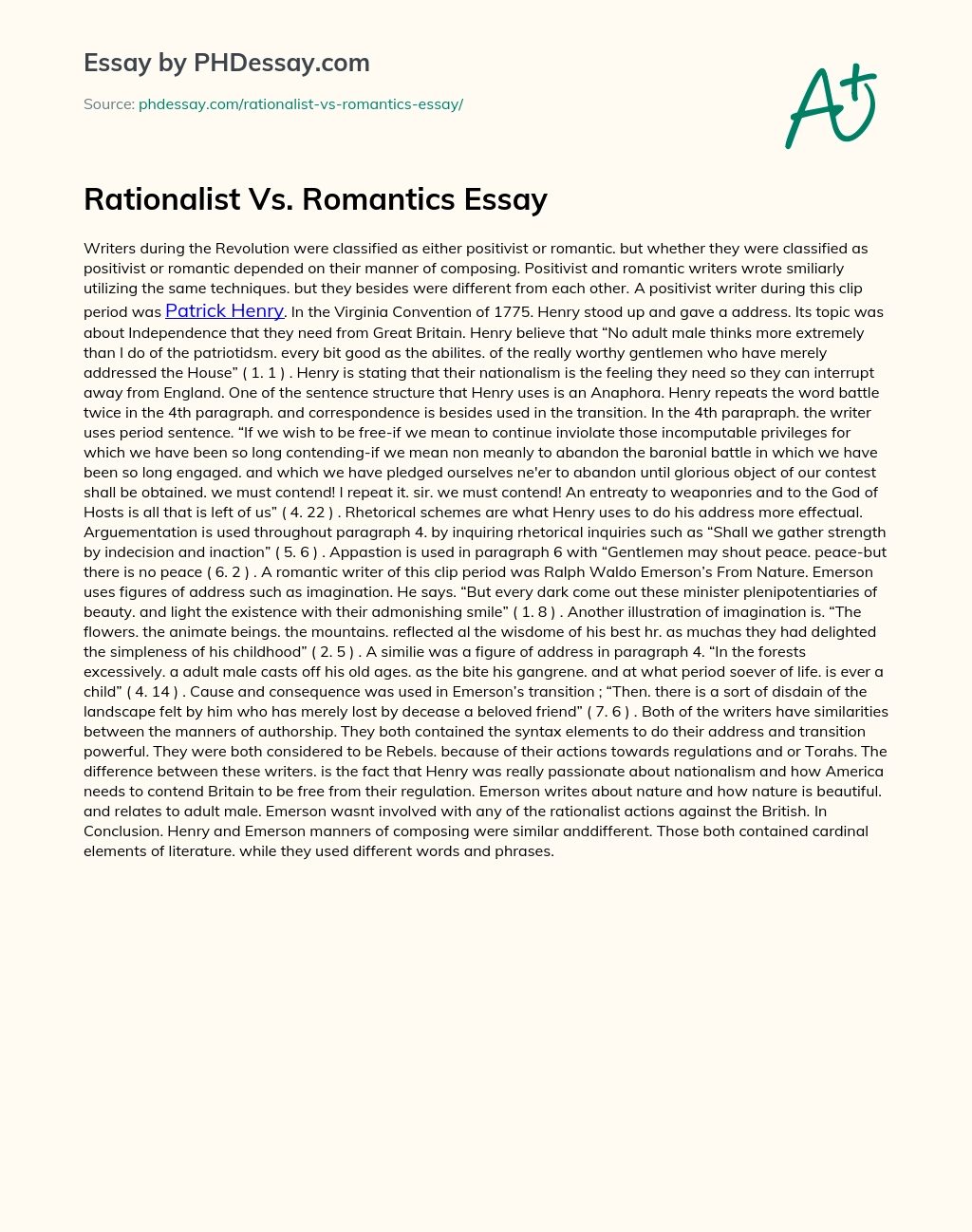 Rationalist Vs. Romantics Essay essay