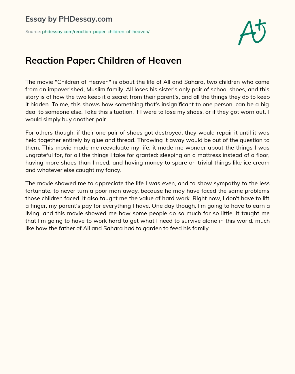 Reaction Paper: Children of Heaven essay