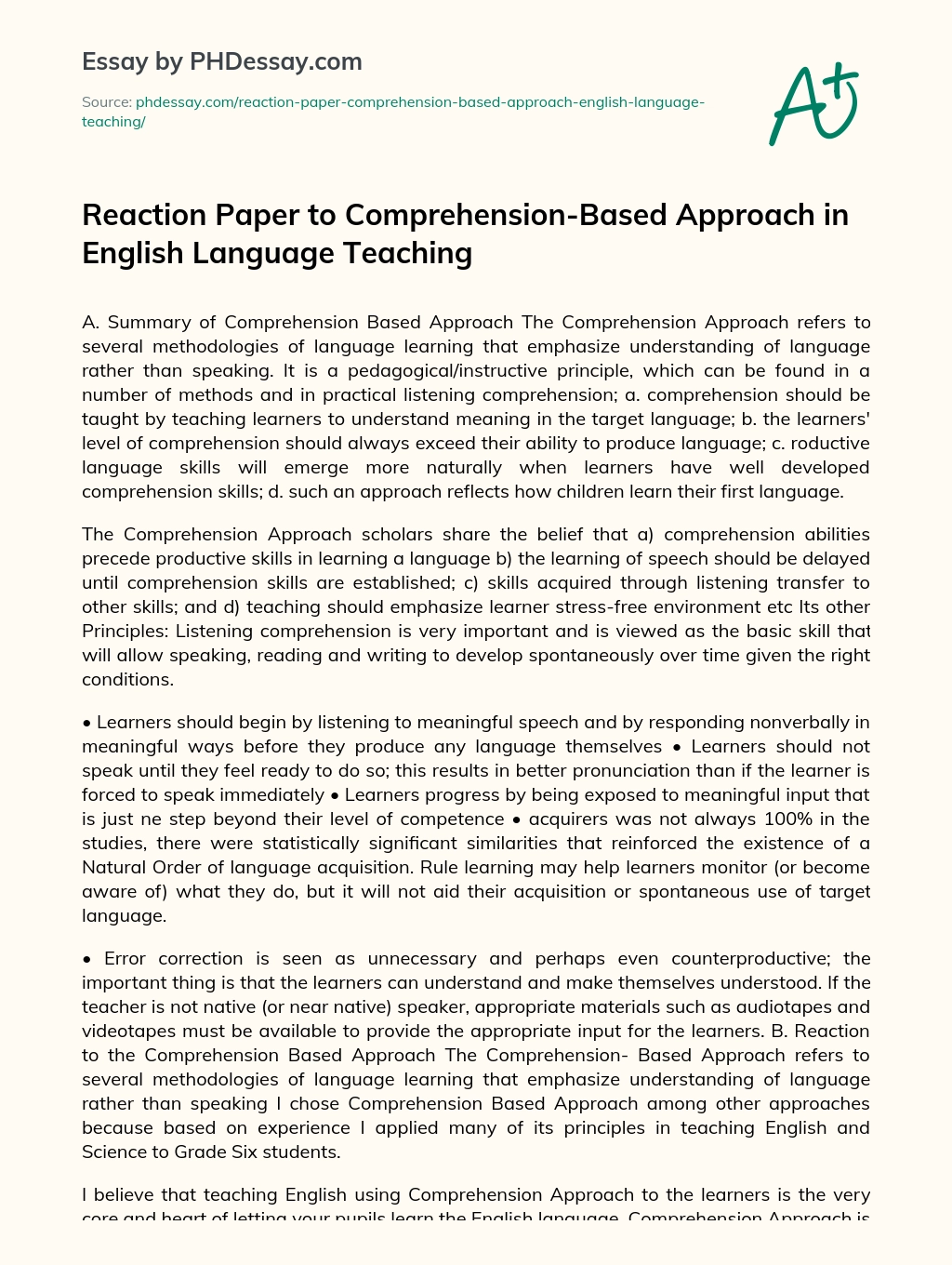Reaction Paper to Comprehension-Based Approach in English Language Teaching essay