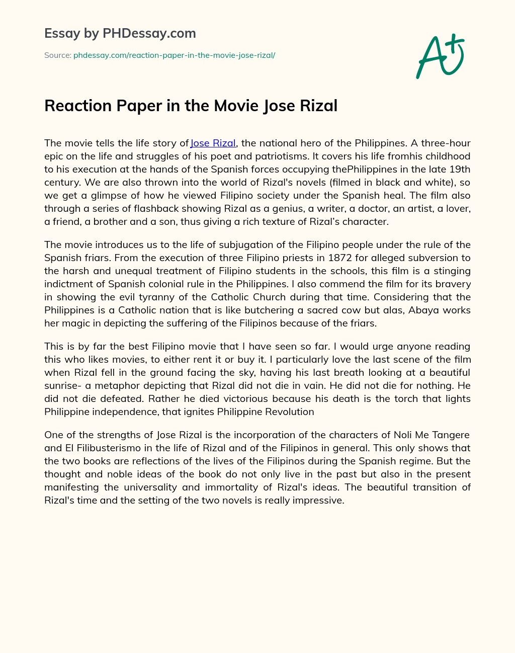 Reaction Paper in the Movie Jose Rizal essay