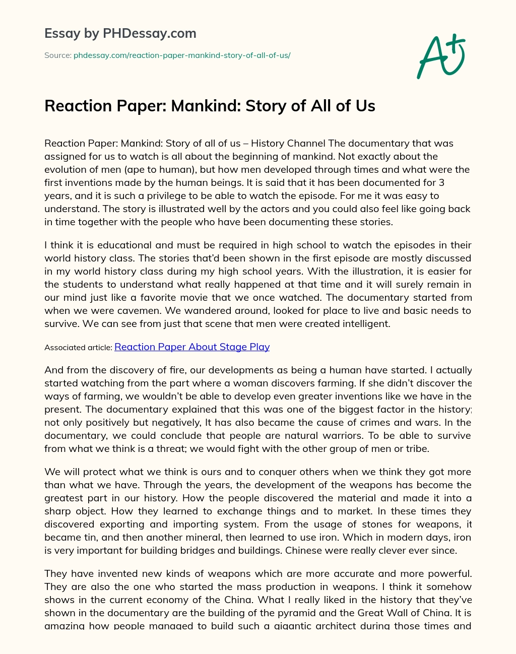 Reaction Paper: Mankind: Story of All of Us essay