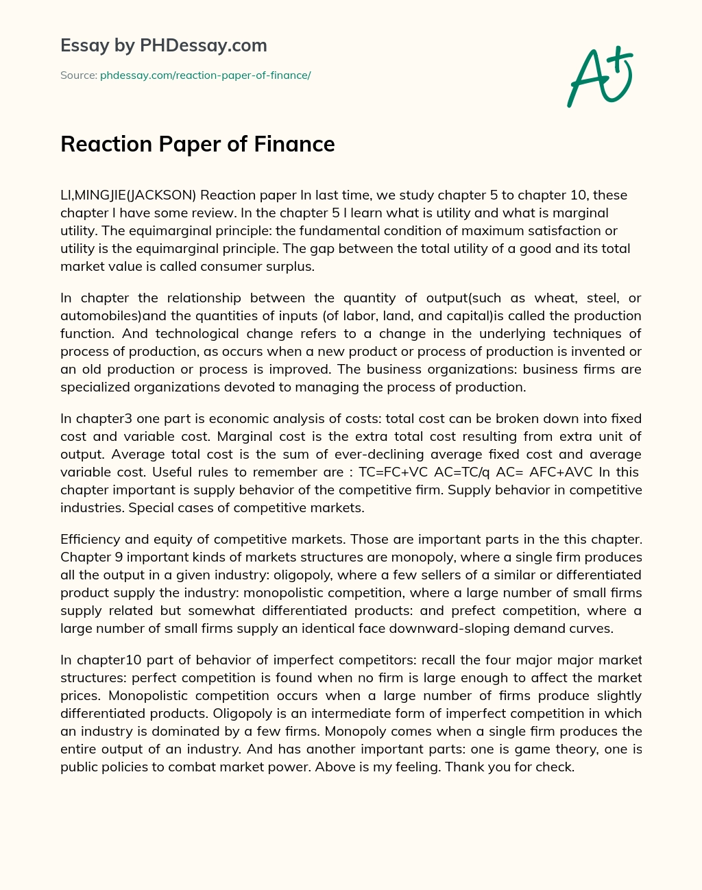 Reaction Paper of Finance essay