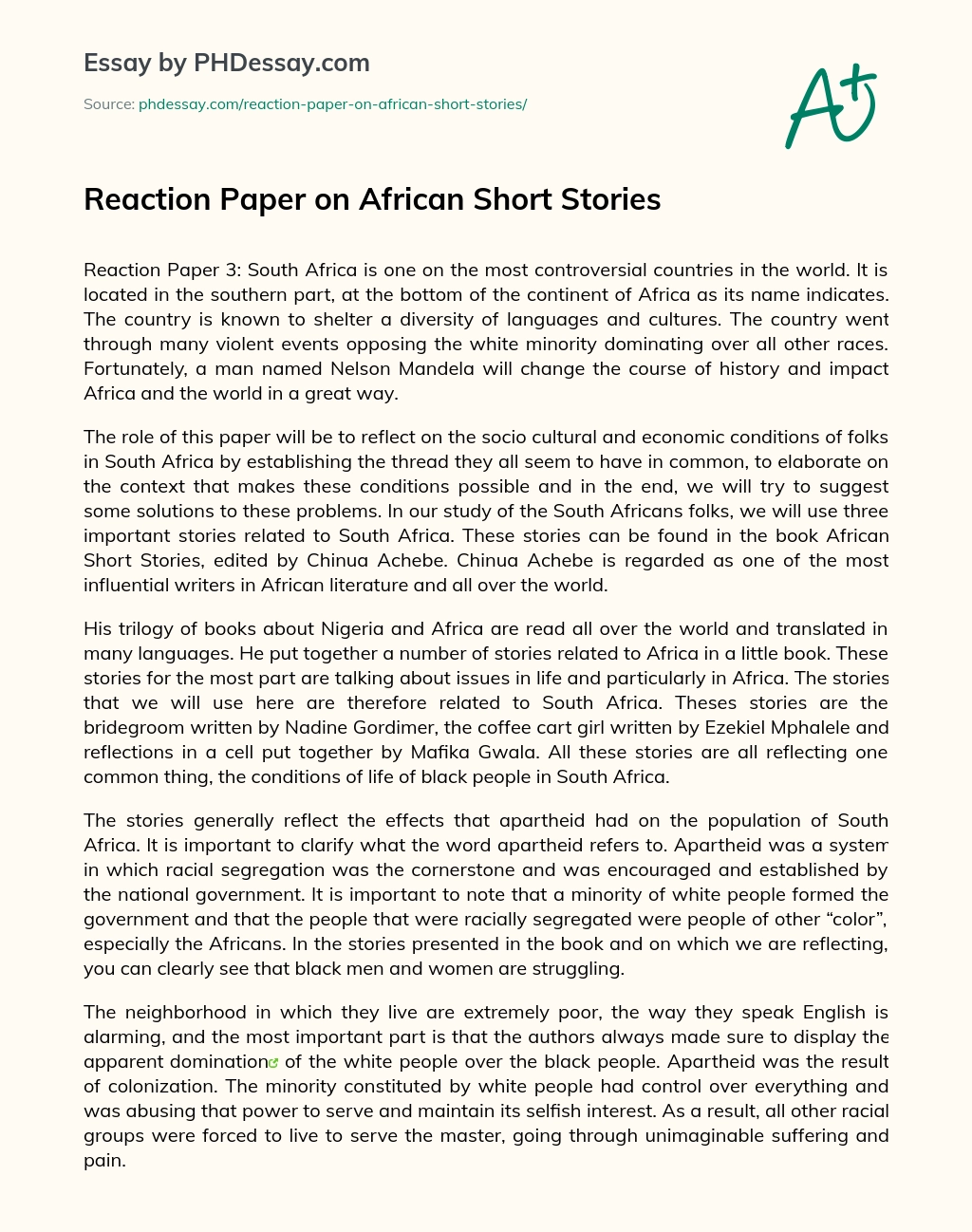 Reaction Paper on African Short Stories essay