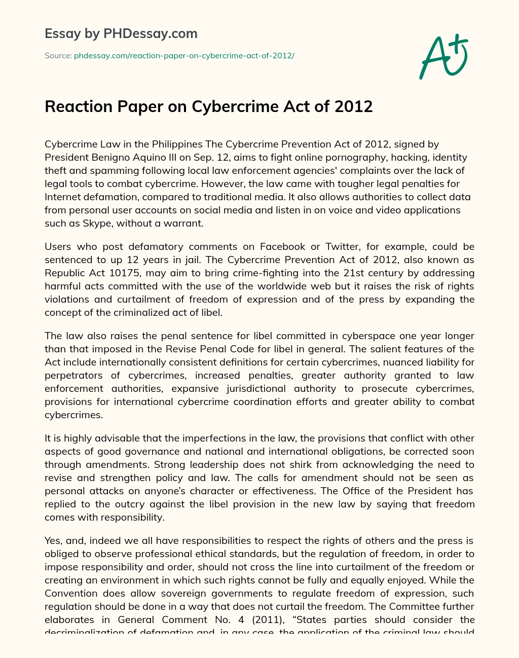 Reaction Paper on Cybercrime Act of 2012 essay