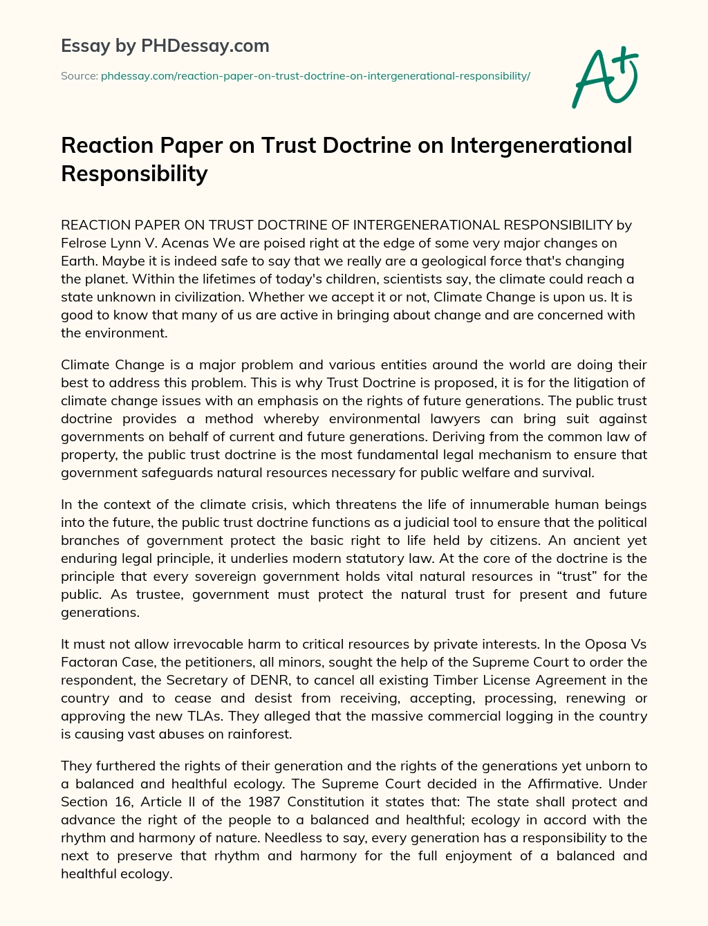 Reaction Paper on Trust Doctrine on Intergenerational Responsibility essay