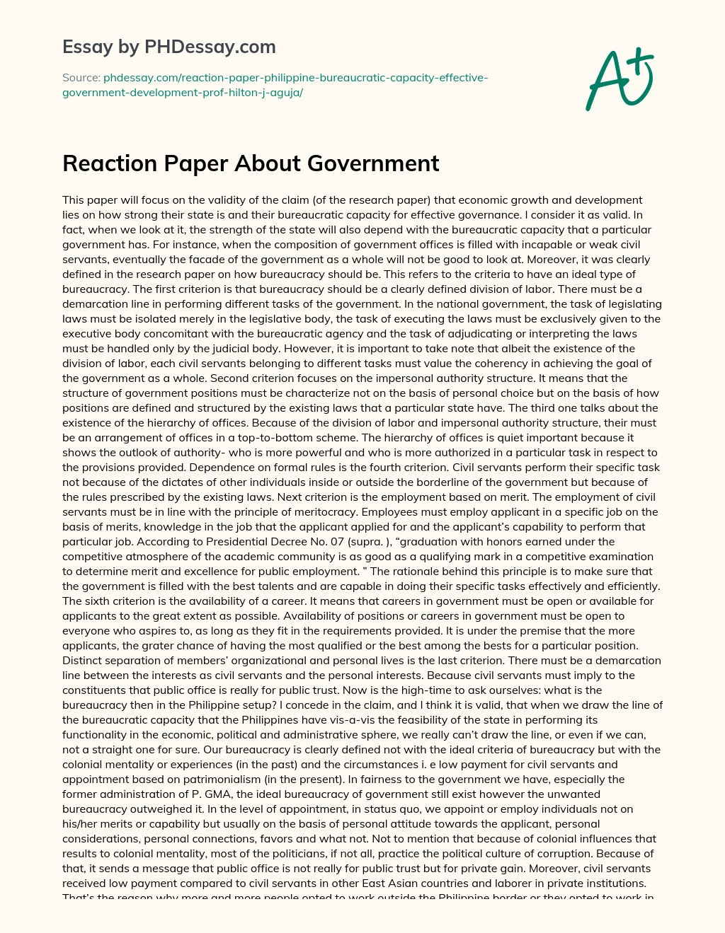 Reaction Paper About Government essay