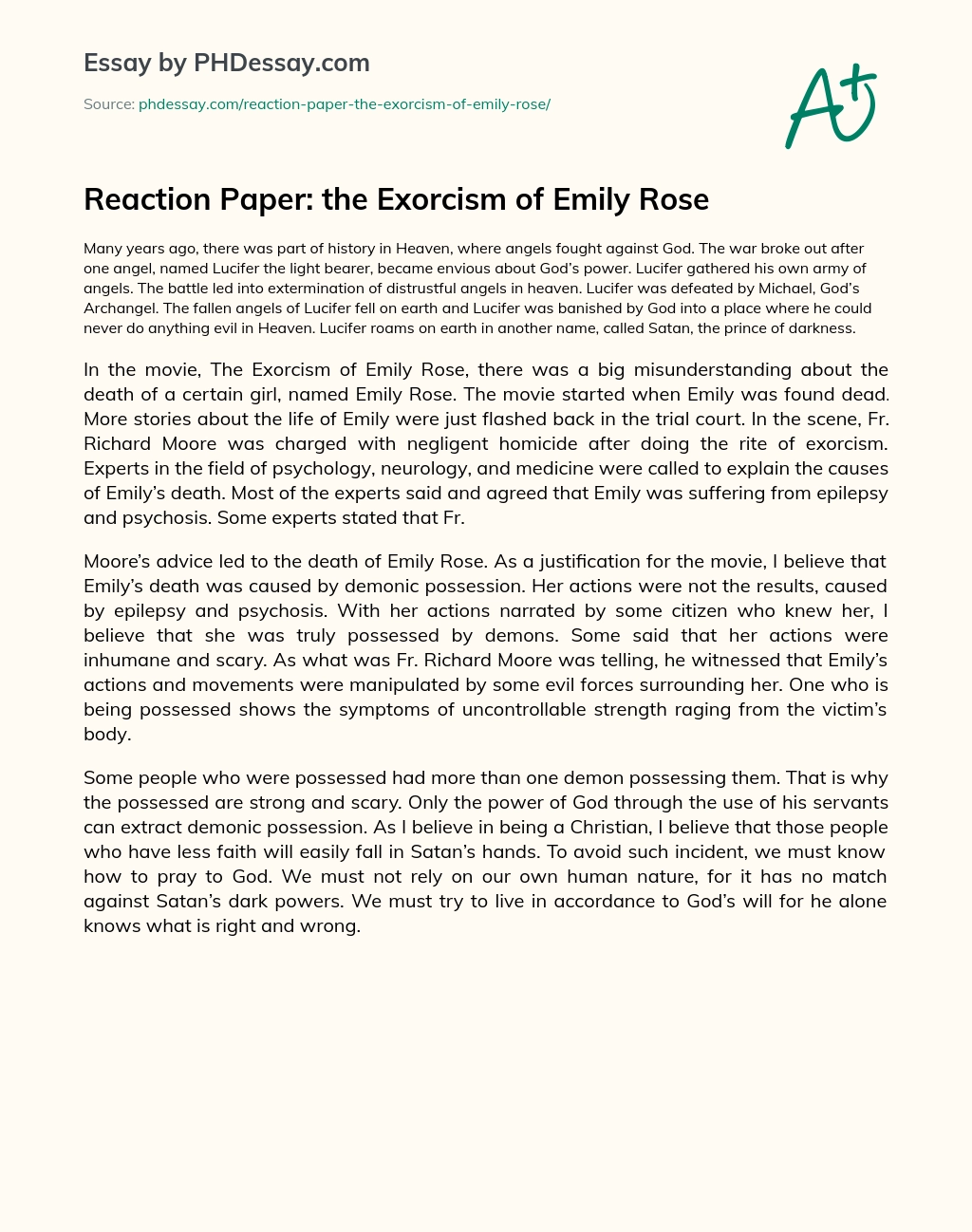 Reaction Paper: the Exorcism of Emily Rose essay