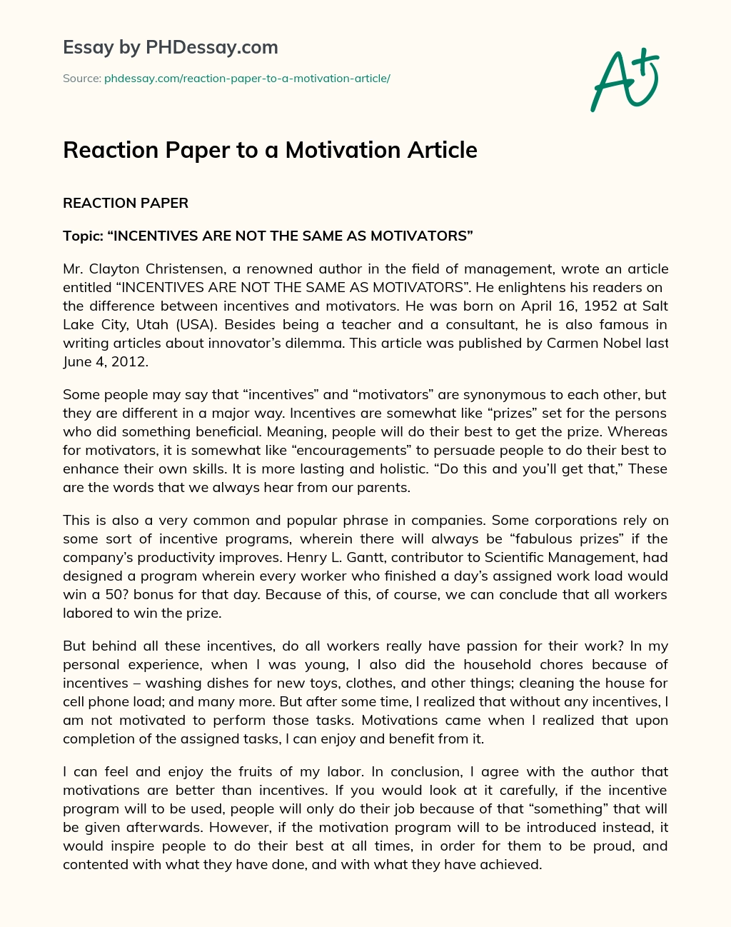 Reaction Paper to a Motivation Article essay