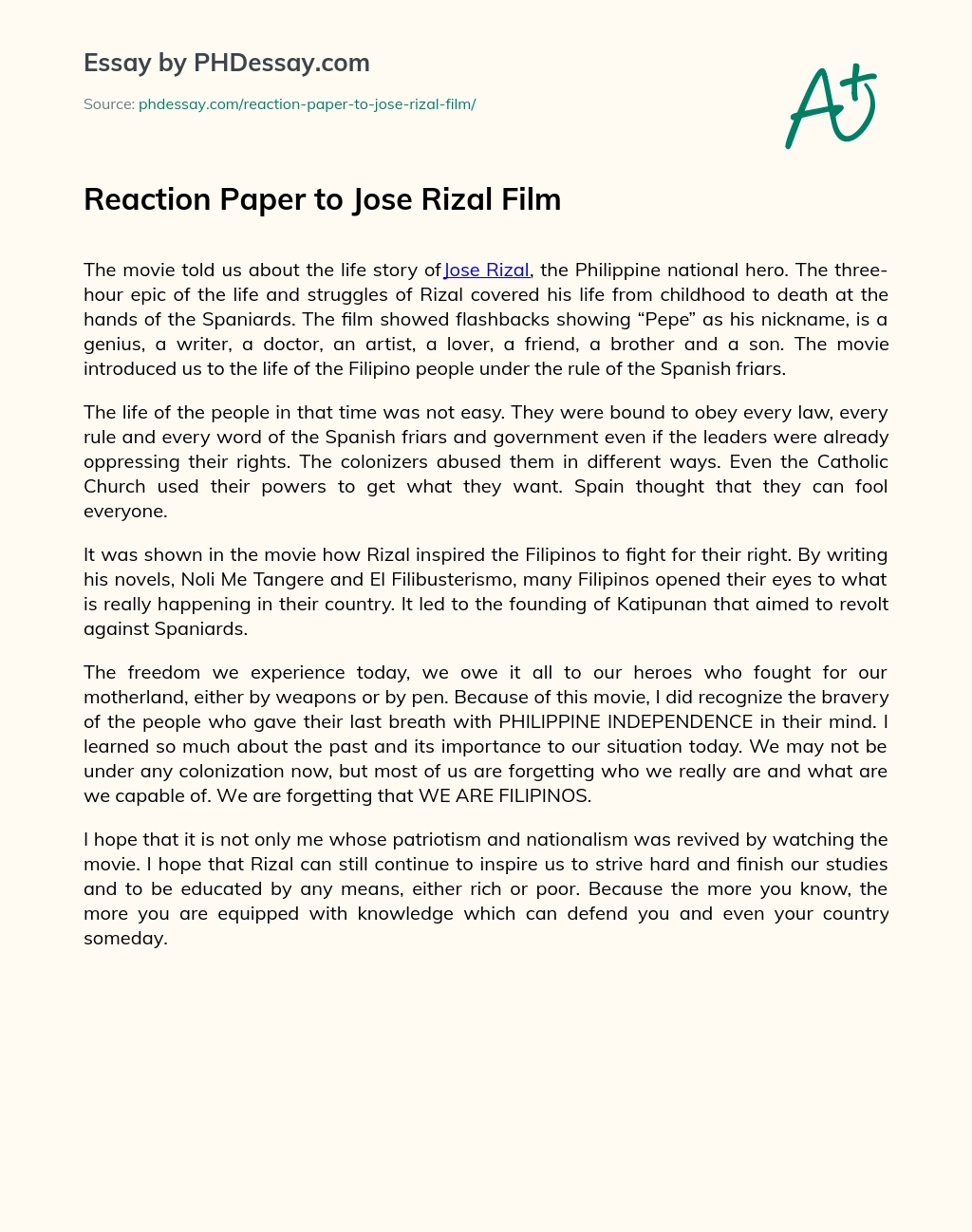 Reaction Paper to Jose Rizal Film essay