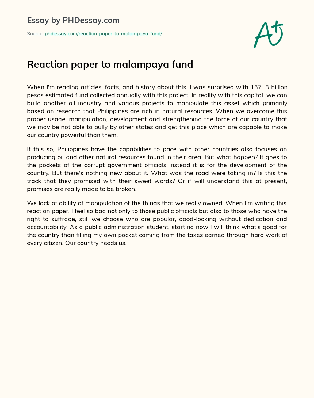 Reaction paper to malampaya fund essay