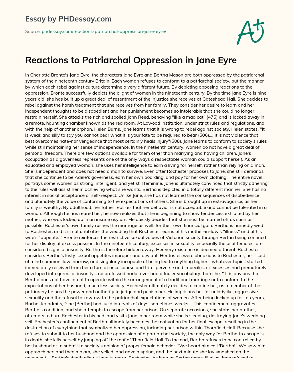 Reactions to Patriarchal Oppression in Jane Eyre essay
