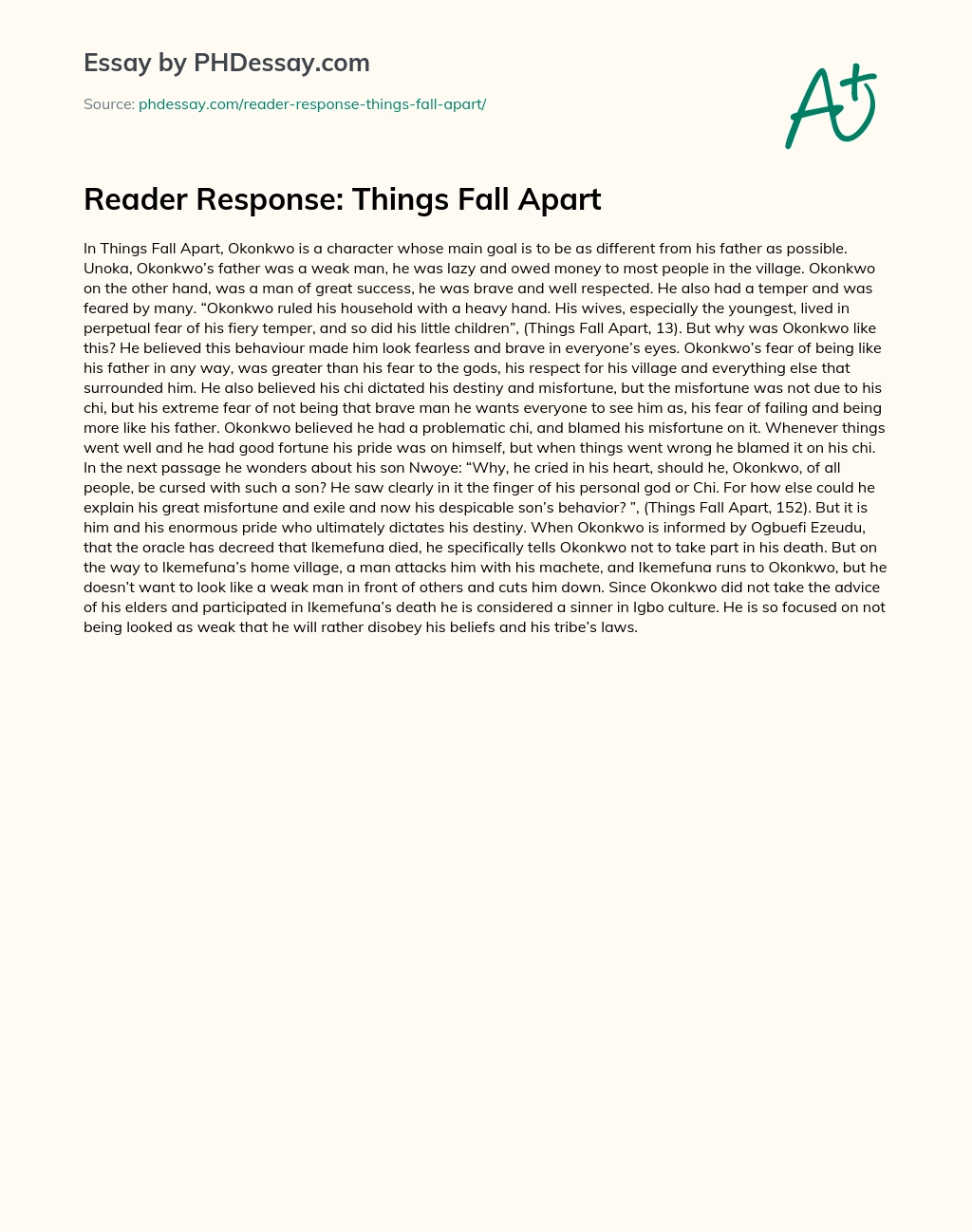 Reader Response: Things Fall Apart essay