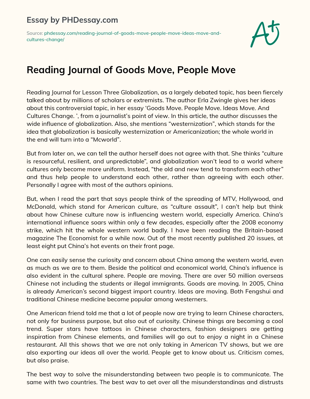 Reading Journal of Goods Move, People Move essay