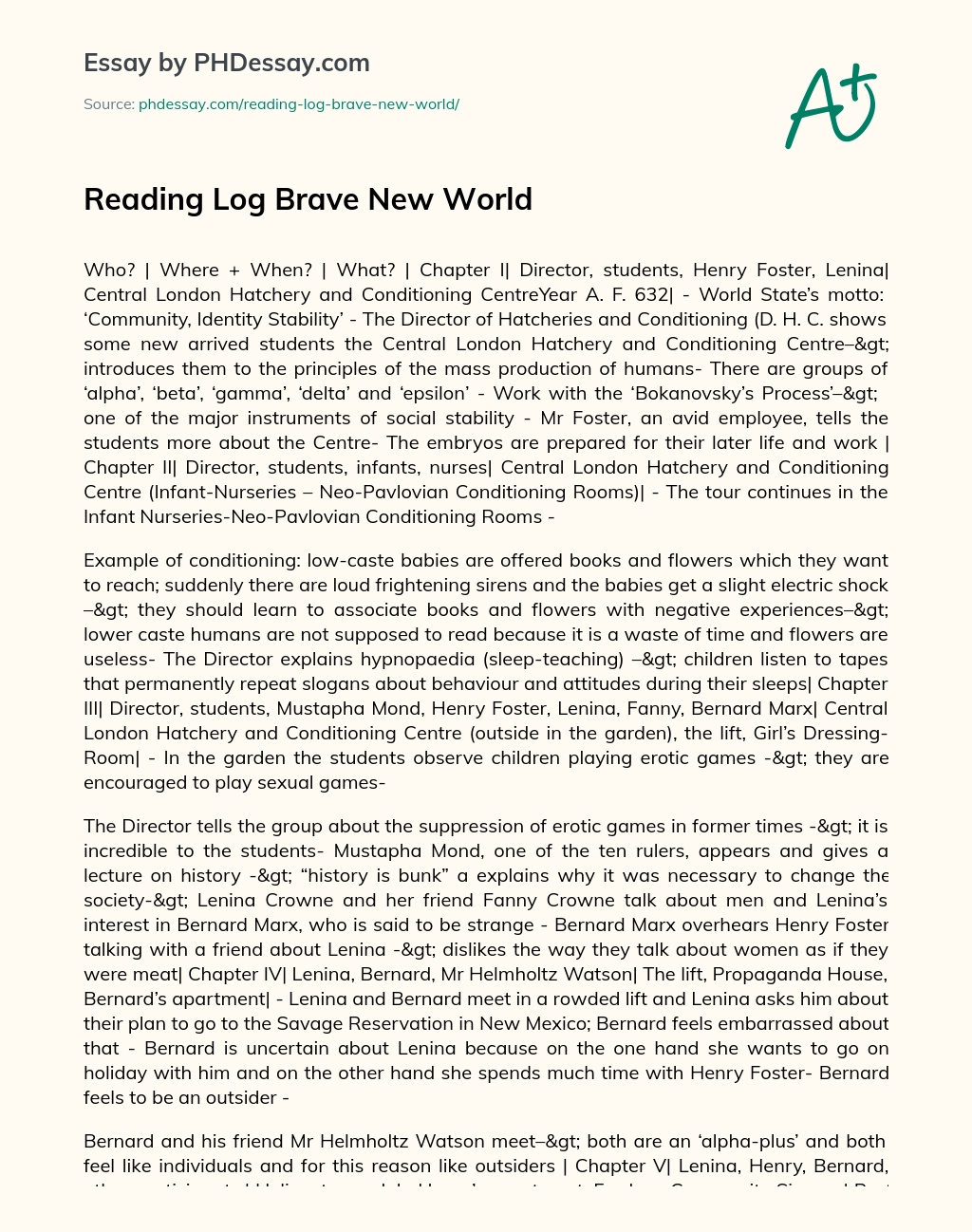 Reading Log Brave New World essay