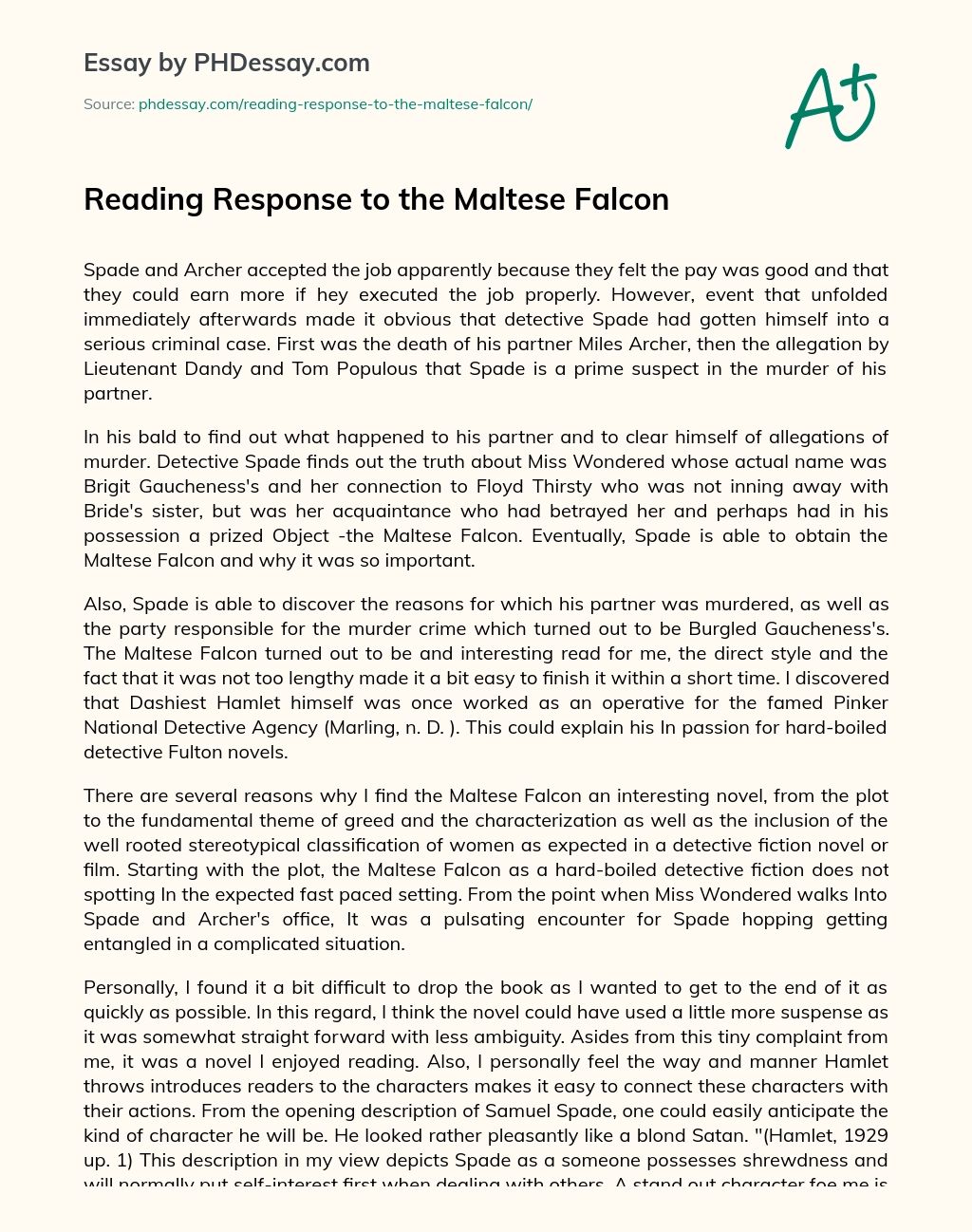 Reading Response to the Maltese Falcon essay