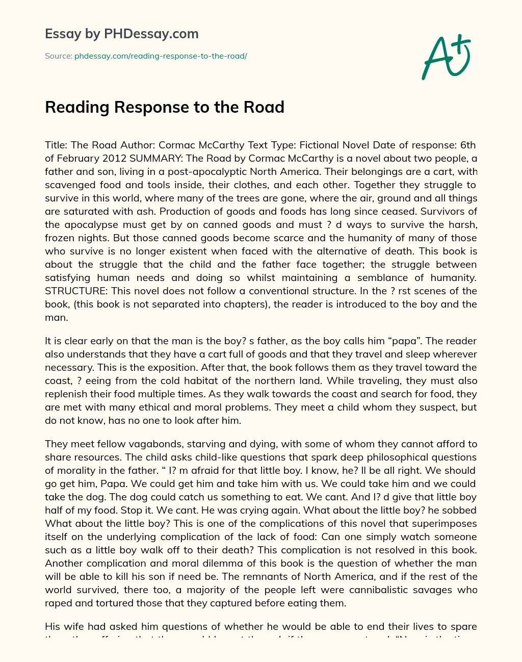 Reading Response to the Road essay