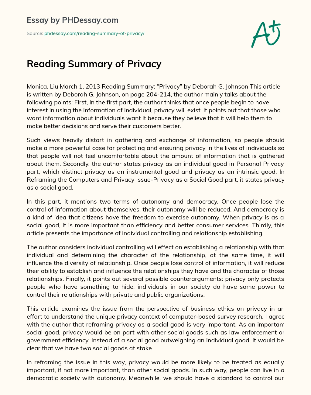 Reading Summary of Privacy essay