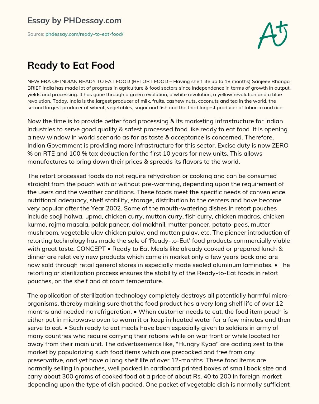 Ready to Eat Food essay
