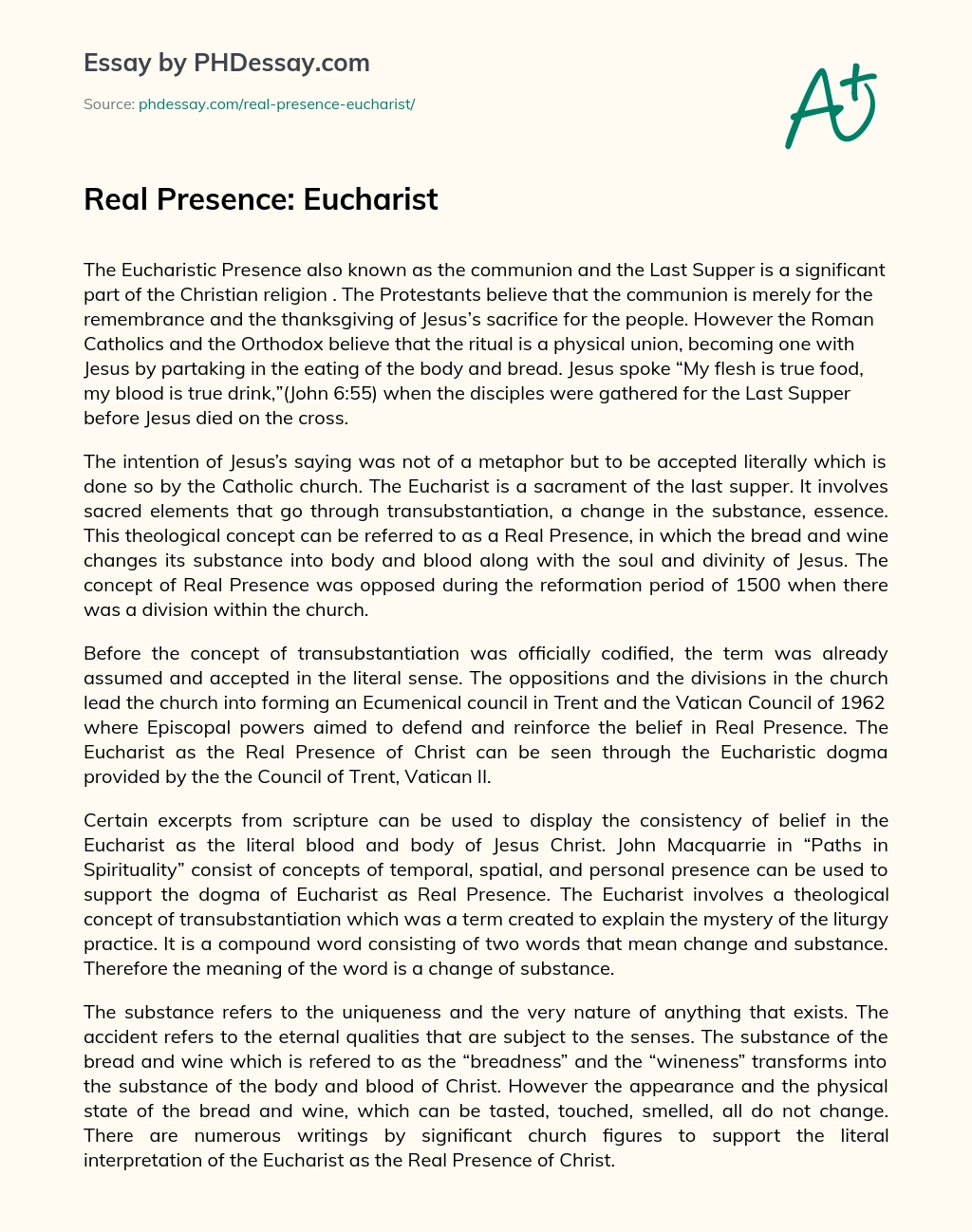 Real Presence: Eucharist essay