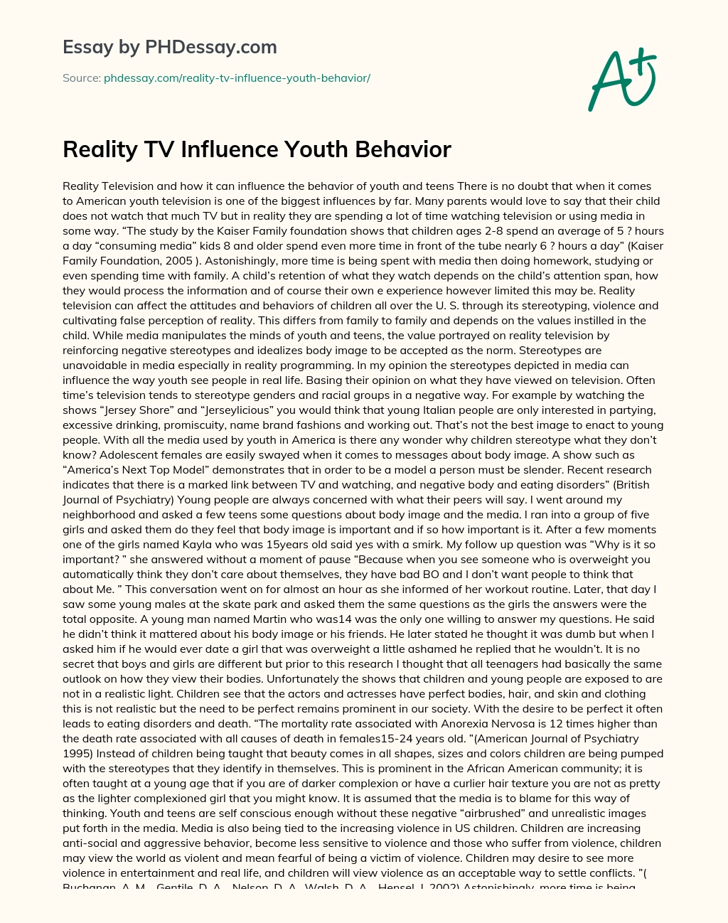 Reality TV Influence Youth Behavior essay
