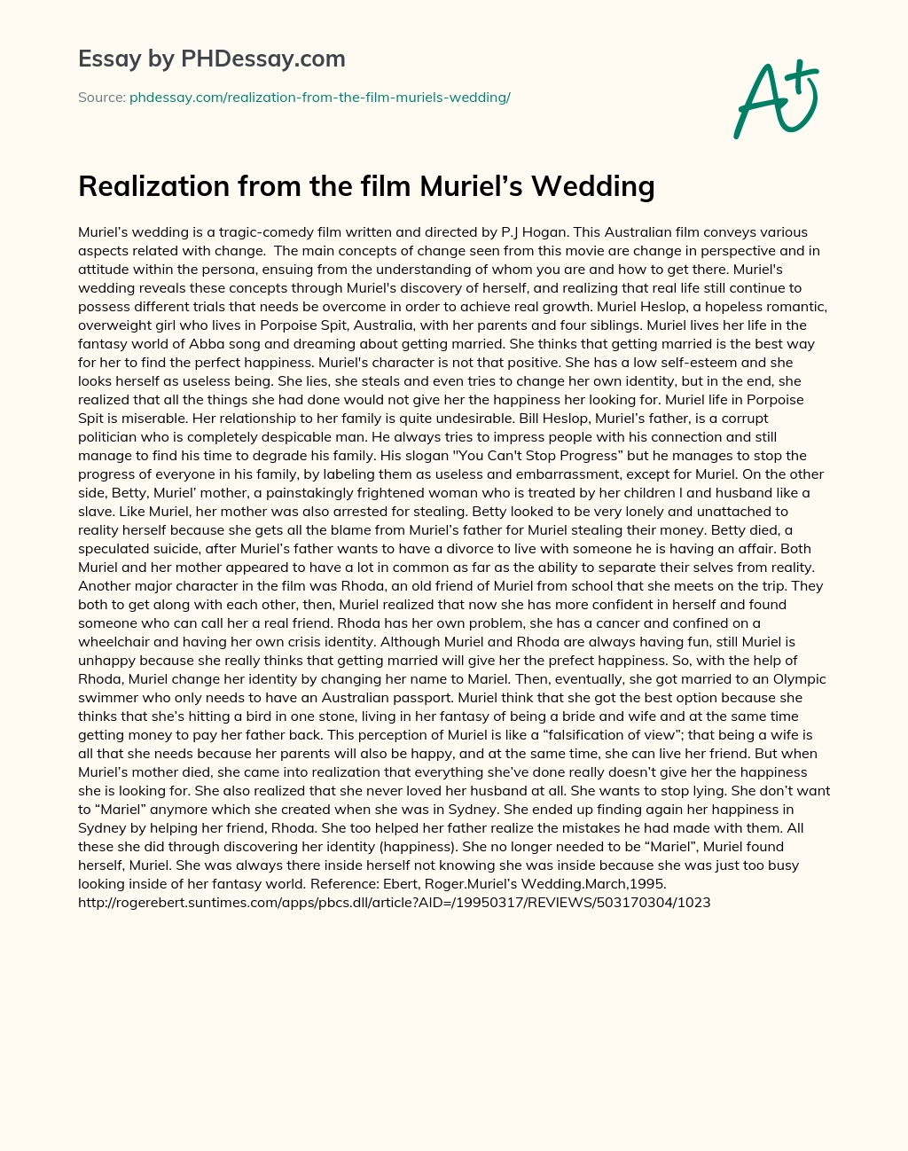 Realization from the film  Muriel’s Wedding essay