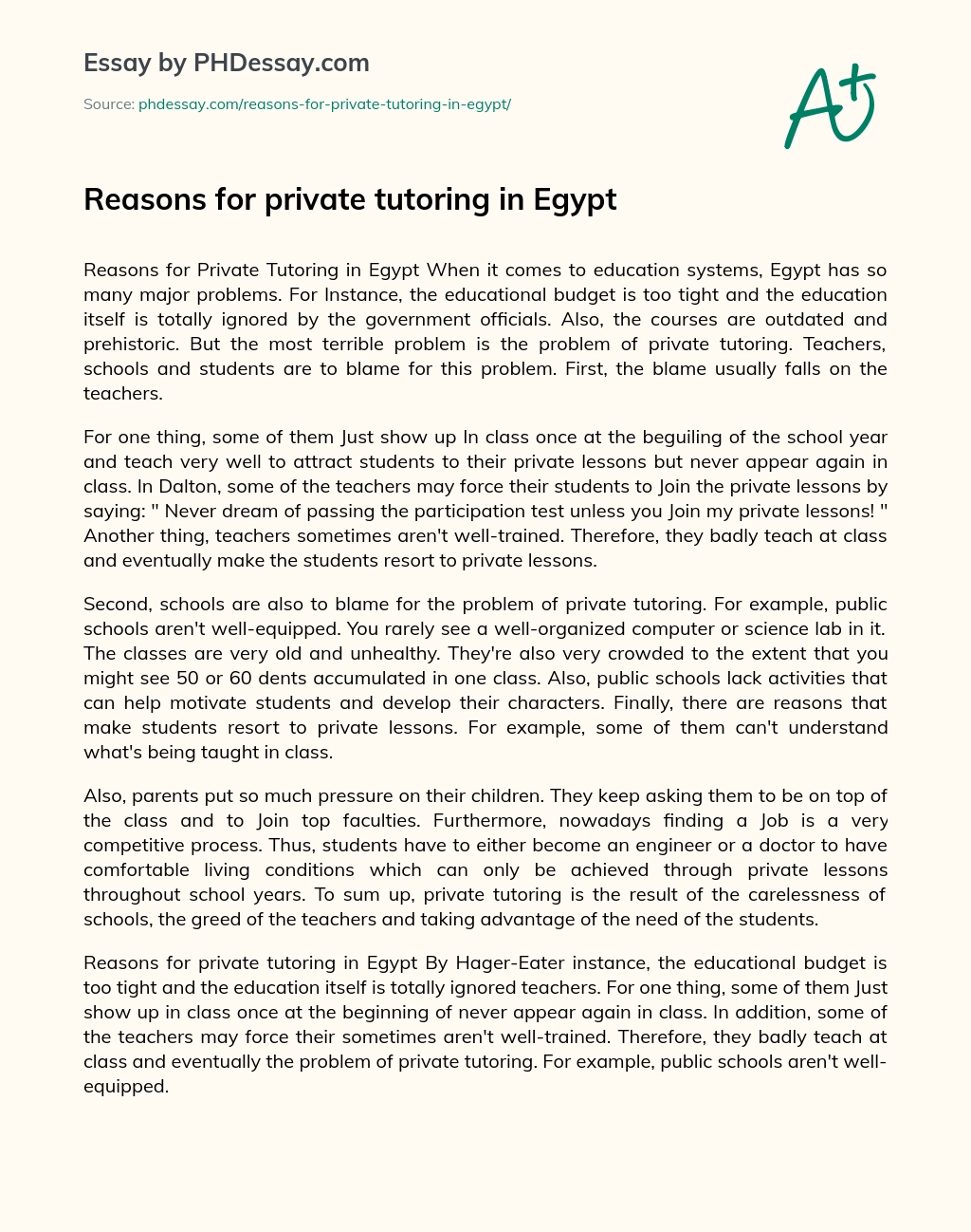 Reasons for private tutoring in Egypt essay