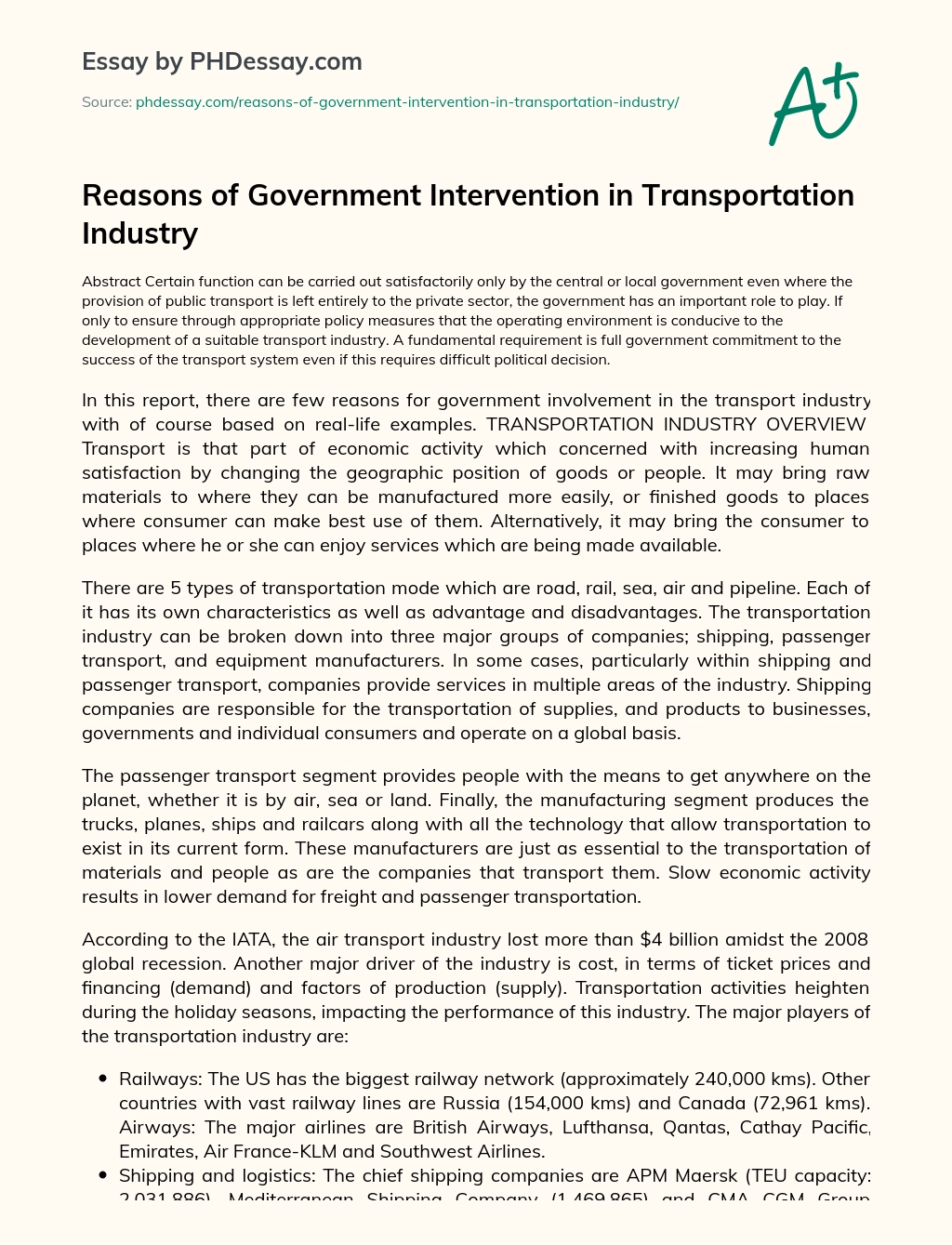 Reasons of Government Intervention in Transportation Industry essay