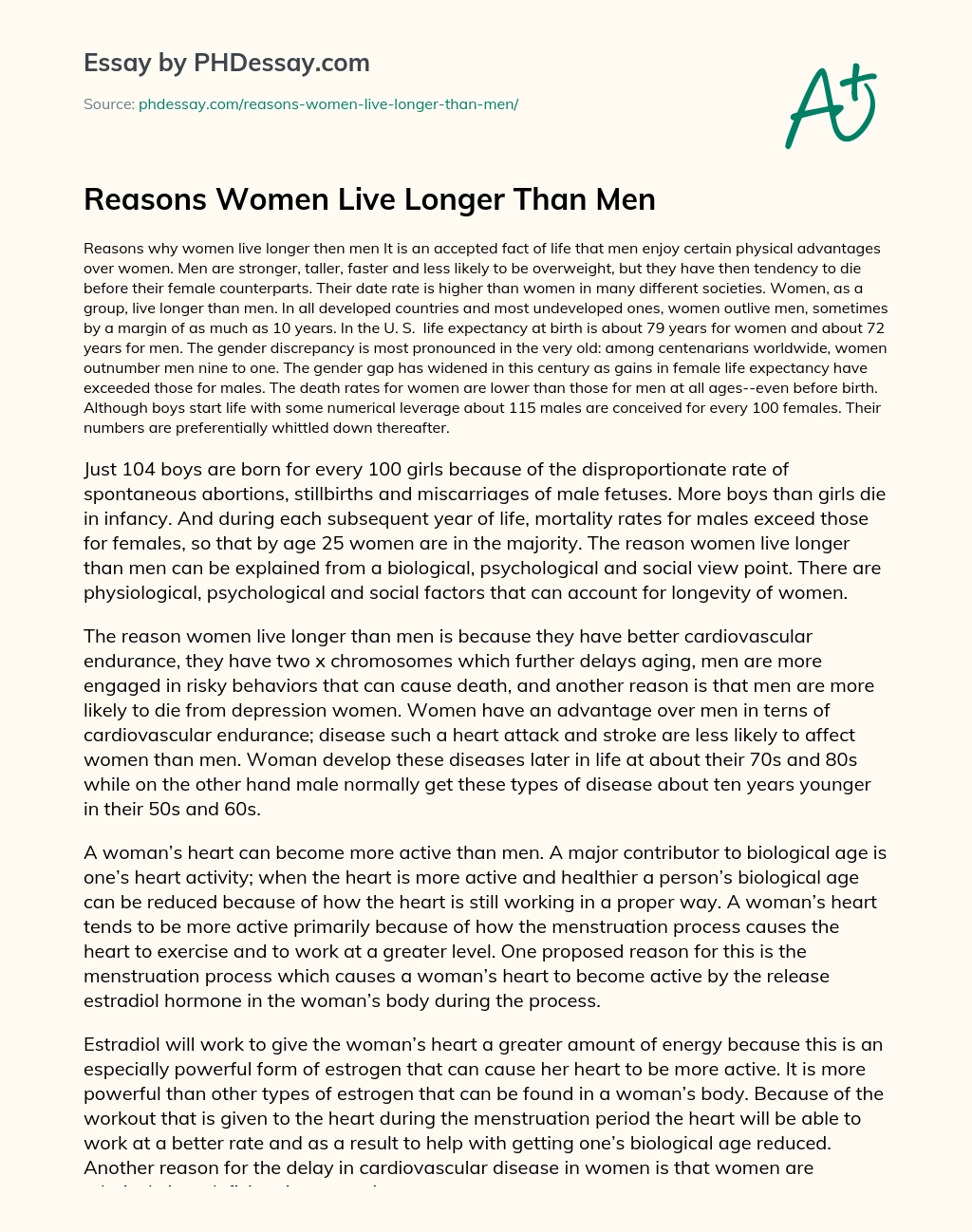 Reasons Women Live Longer Than Men essay