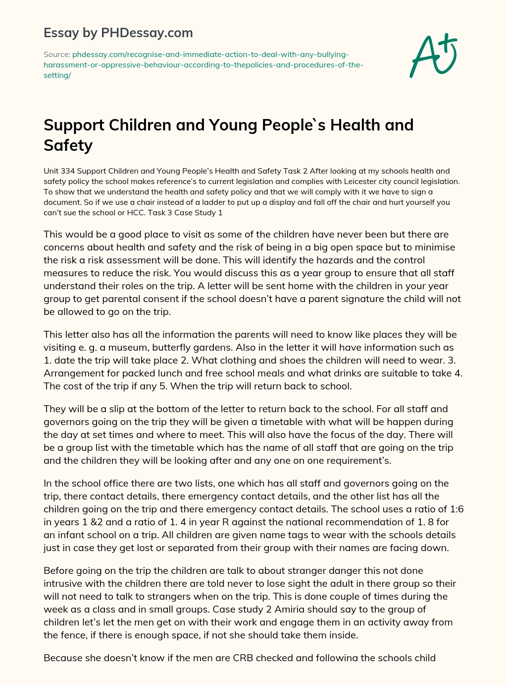 Support Children and Young People`s Health and Safety essay