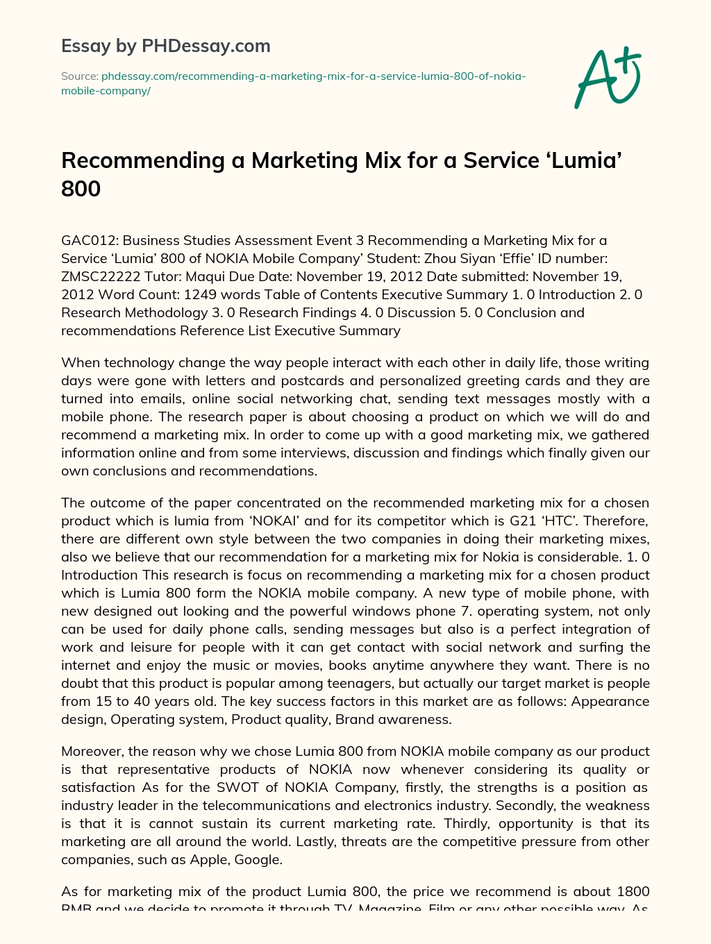 Recommending a Marketing Mix for a Service ‘Lumia’ 800 essay