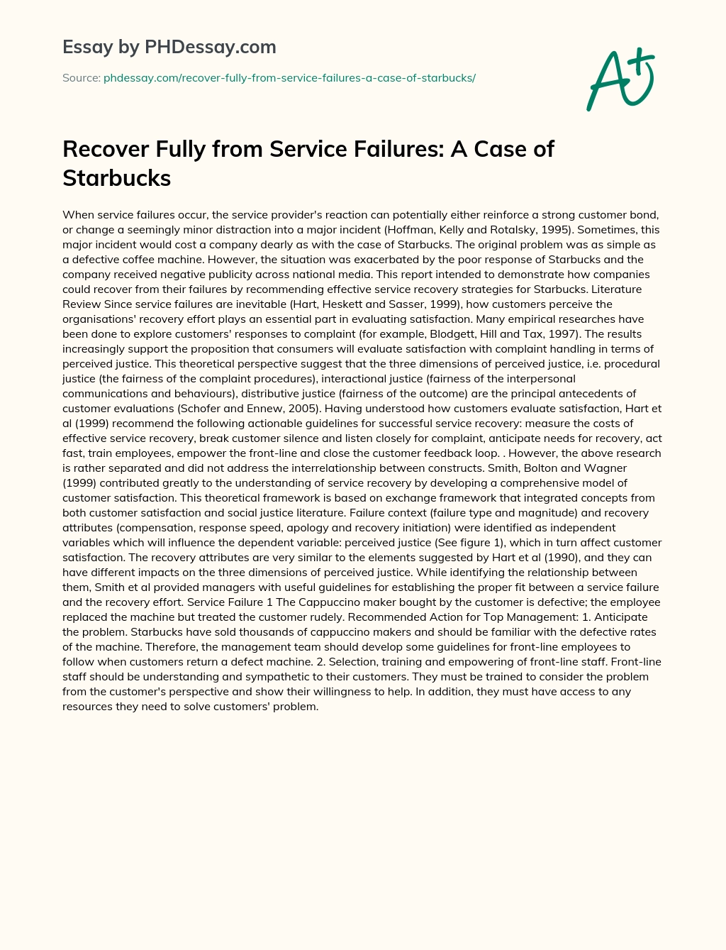 Recover Fully from Service Failures: A Case of Starbucks essay