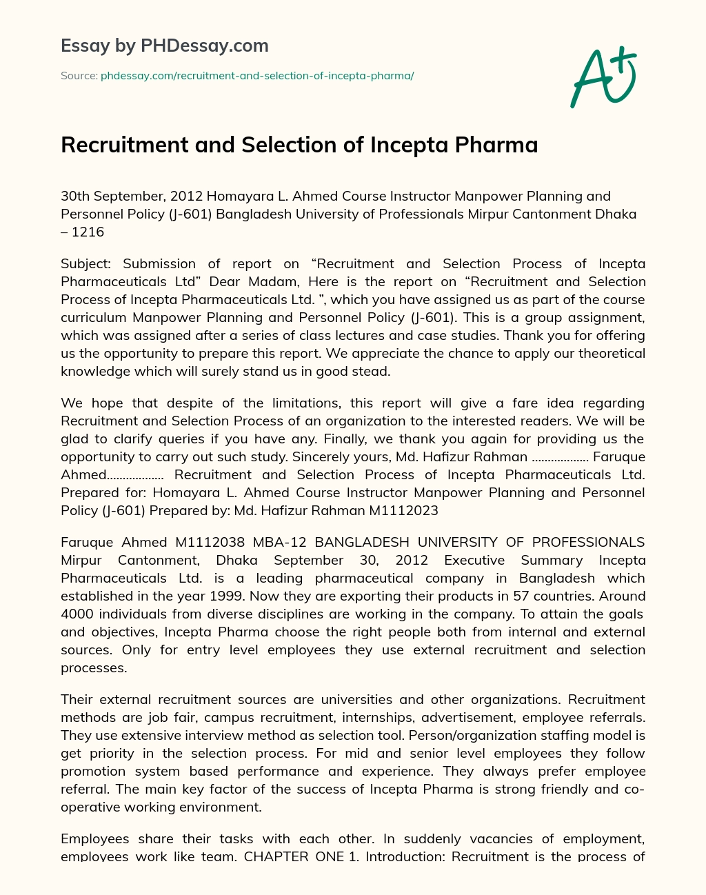 Recruitment and Selection of Incepta Pharma essay