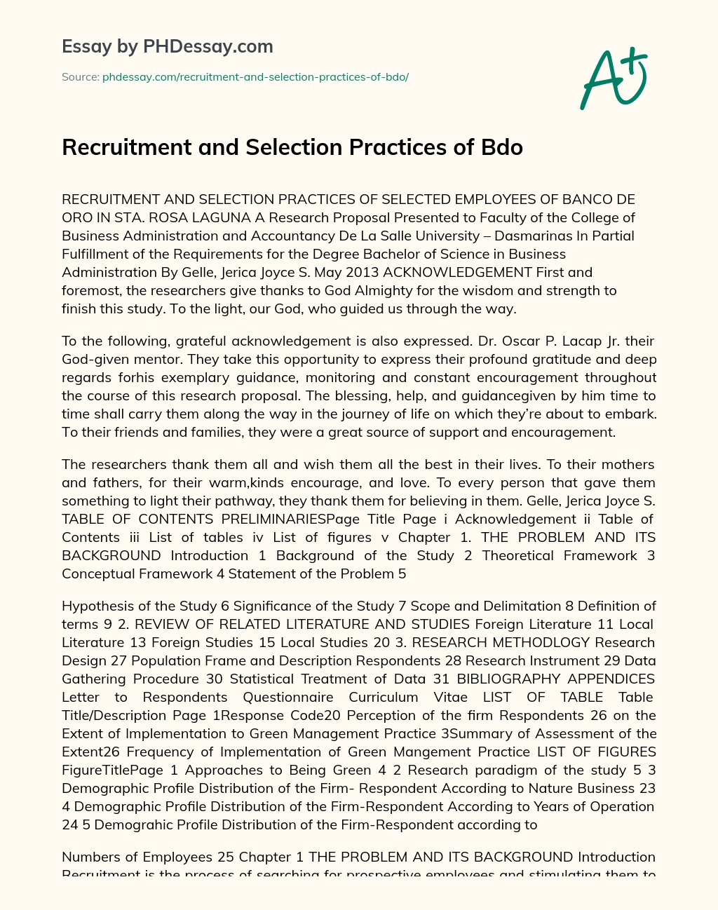 Recruitment and Selection Practices of Bdo essay